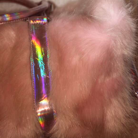 SOLD-Dolls Kill Cotton Candy Pink Fuzzy Faux Fur Holographic Weekender Bag - Picture 5 of 12